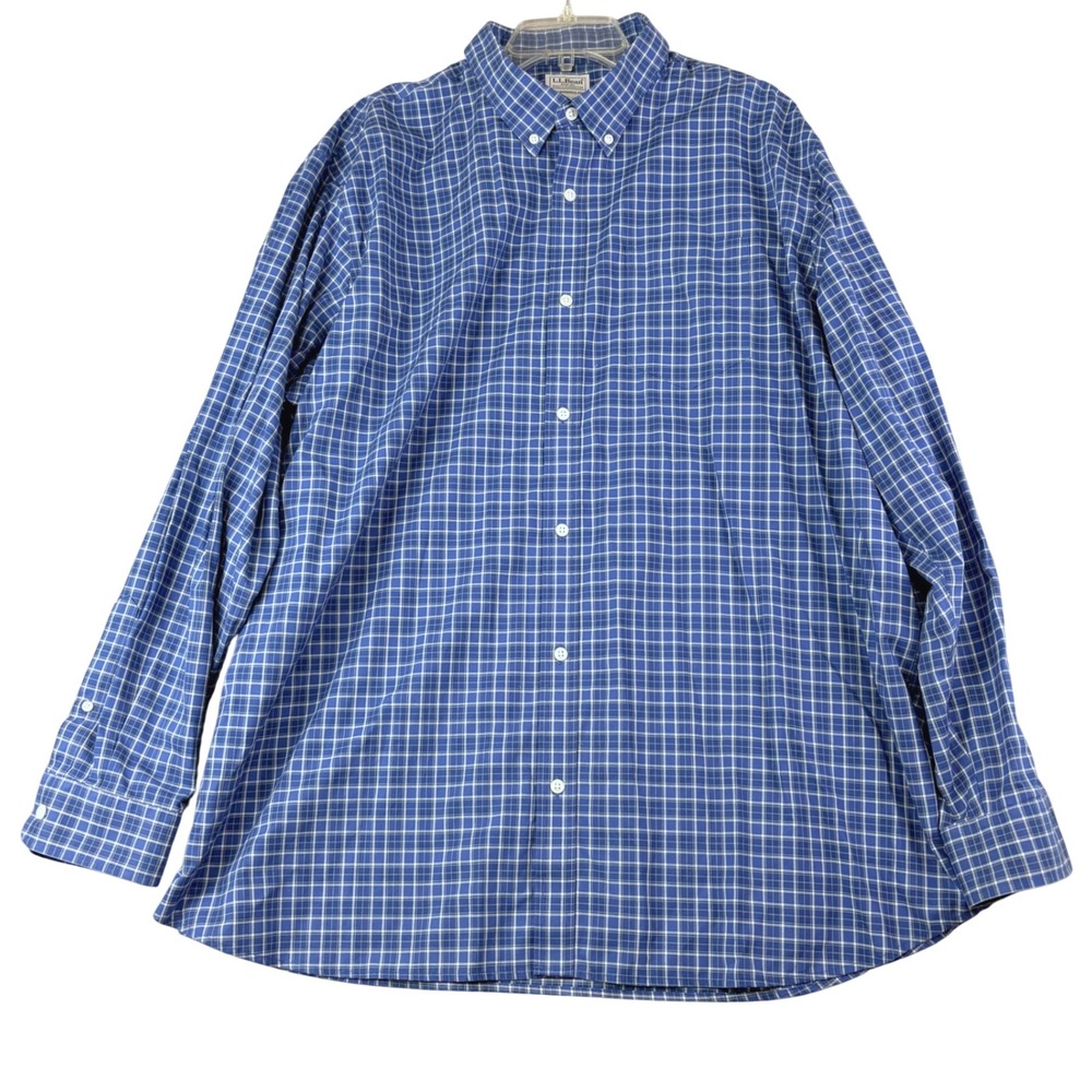 LL Bean XXL Blue Plaid Button Down Shirt Traditional Fit Cotton Long Sleeve